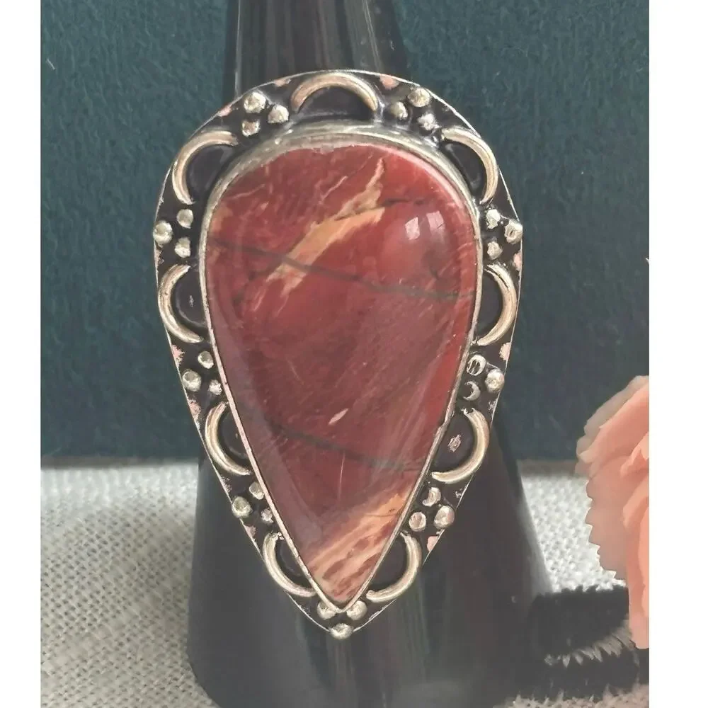 Silver Red Rainbow Jasper Ring 7.5